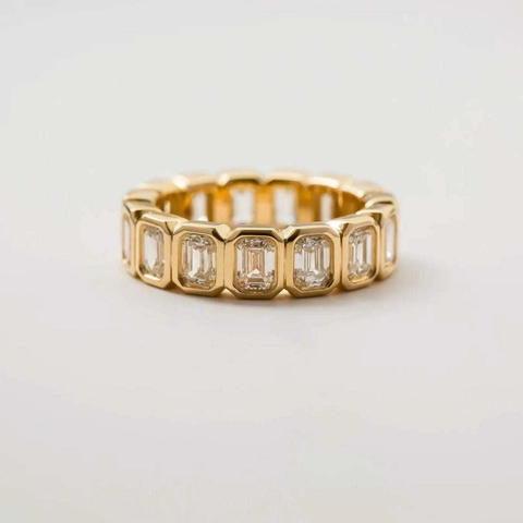Luxury Gold Plated Copper Eternity Ring Emerald Cut Zirconia Bezel Setting Rectangular Geometric Band Ring For Women Men