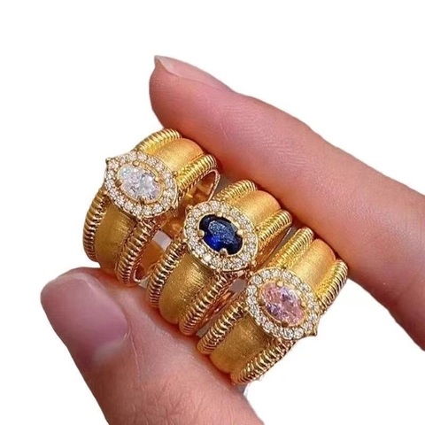 Vintage Palace Copper Zirconia Ring For Women Wide Band Brushed Texture Oval Stone Inlaid Gold Plated Fashion Jewelry Gift
