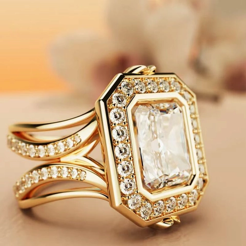 Luxurious Square Zirconia Halo Ring For Women Copper Gold Silver Plated Elegant Geometric Engagement Wedding Statement Finger Jewelry