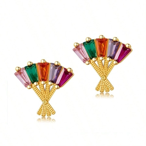 Vintage Hofstil Fächerform Kupfer Ohrstecker Mit Bunten Zirkonia Einlage Vergoldet Eleganter Schmuck Für Damen