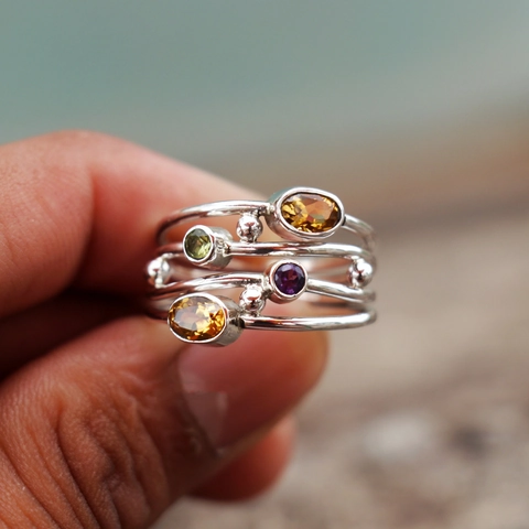 Bohemian Multi-Layer Inlaid Zirconia Copper Ring For Women Vintage Hollow Oval Gemstone Fashion Jewelry Geometric Stackable Finger Ring