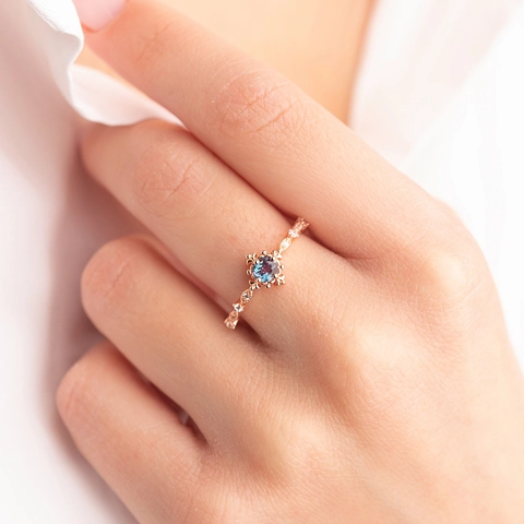 Vintage Copper Zircon Ring For Women Rose Gold Silver Plated Round Blue Stone Elegant Finger Jewelry Anniversary Gift