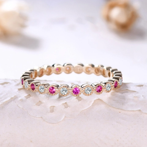 Anello Eternity in Rame Placcato Oro Rosa Con Zirconia Rosa E Bianca Per Donna Dolce Elegante Minimalista Gioielli Da Dito
