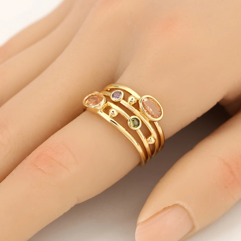 Bohemian Multi-Layer Inlaid Zirconia Copper Ring For Women Vintage Hollow Oval Gemstone Fashion Jewelry Geometric Stackable Finger Ring