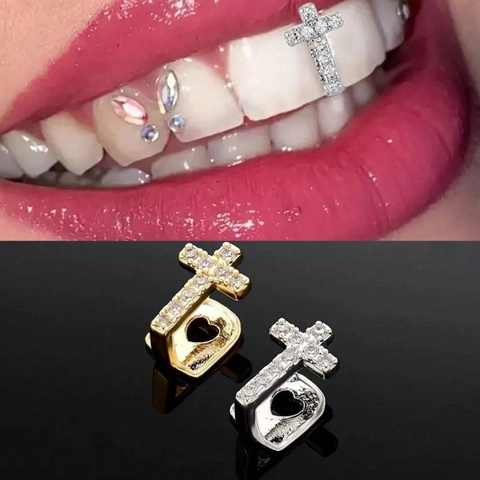 Hip Hop Kruis Tandjuwelen Iced Out Enkele Tandkapje Koper Micro Ingelegde Zirkonia Goud Zilver Verguld Tanden Sieraden Unisex