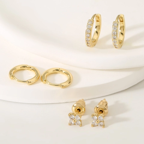 Elegant Copper Zirconia Flower Stud Earrings Rhinestone Lucky Clover Hoop Earrings For Women Minimalist Geometric Jewelry Accessories