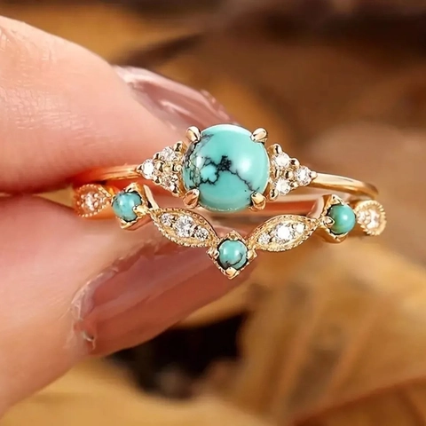 Vintage Bohemian Copper Turquoise Style Rings Gold Plated Zirconia Geometric Leaf Rings Jewelry For Women Daily Wear