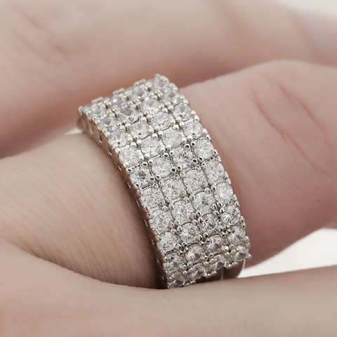 Luxury Copper Zirconia Wide Band Ring Four Row Sparkly Inlaid Geometric Finger Jewelry For Women Trendy Party Gift