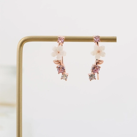 Elegant Flower Leaf Copper Ear Climbers With Pink Zirconia Exquisite Sweet Floral Stud Earrings For Women Daily Party Jewelry