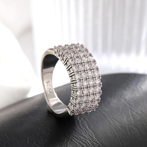 Luxury Copper Zirconia Wide Band Ring Four Row Sparkly Inlaid Geometric Finger Jewelry For Women Trendy Party Gift