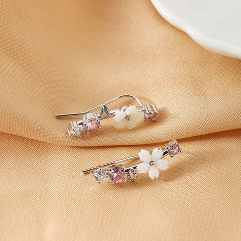 Elegant Flower Leaf Copper Ear Climbers With Pink Zirconia Exquisite Sweet Floral Stud Earrings For Women Daily Party Jewelry