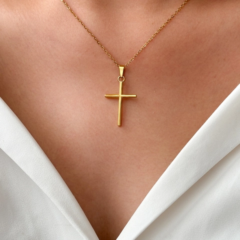 Minimalist Cross Pendant Necklace Polished Stainless Steel Religious Jewelry For Women Retro Commuter Style