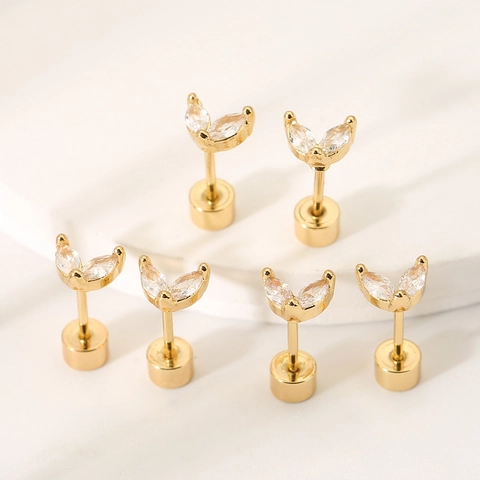 Butterfly Zirconia Copper Stud Earrings For Women Tiny Gold Silver Plated Marquise Cut Zircon Flat Back Screw Piercing Jewelry