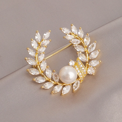 Eleganter Kupfer Zirkon Ähre Brosche Für Damen Leichter Luxus Perle Marquise Blatt Anstecknadel Für Hochzeit Bankett Modeschmuck