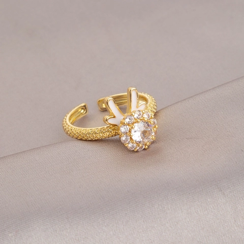 Verstellbarer Rotierender Zirkonia Tierring Für Damen Vergoldeter Kupfer Hasen Geweih Form Fingerring Vintage Schmuck Geschenk