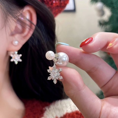 Orecchini Pendenti a Fiocco di Neve in Rame con Künstliche Perle e Perno in Argento Sterling 925 Zirconia Gioielli Invernali per Matrimonio Donna