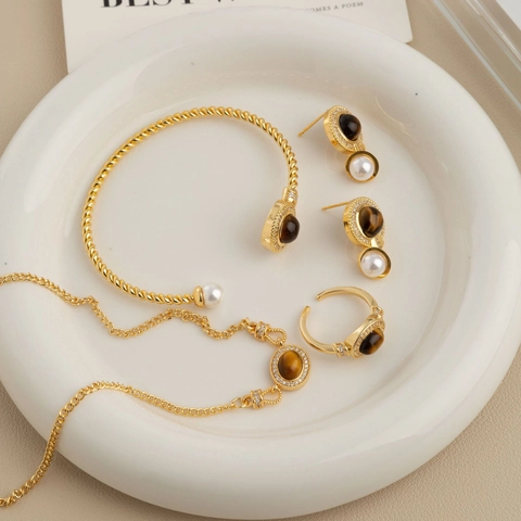 Collana Orecchini Bracciale Anello Maillard Retro Francese Occhio Di Tigre Oro Placcato Rame Perla Artificial Zirconia Gioielli Donna