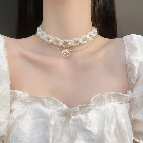 Französischer Stil Doppelschichtige Choker Halskette Für Damen Vergoldete Legierung Zirkon Schneeflocke Anhänger Künstliche Perlenkette