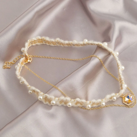 Französischer Stil Doppelschichtige Choker Halskette Für Damen Vergoldete Legierung Zirkon Schneeflocke Anhänger Künstliche Perlenkette