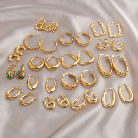 Vintage Roestvrij Stalen Geometrische Oorringen Voor Vrouwen Goud Zilver Textuur Ovaal Rond Minimalistische Sieraden Cadeau