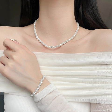 French Vintage Artificial Pearl Necklace Bracelet Set For Women Alloy Zirconia Rhinestone Beaded Choker Elegant Jewelry Accessories Gift