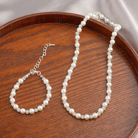 French Vintage Artificial Pearl Necklace Bracelet Set For Women Alloy Zirconia Rhinestone Beaded Choker Elegant Jewelry Accessories Gift