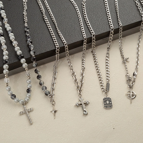 Collana Hip Hop in Acciaio al Titanio con Croce e Stella per Uomo Donna Gotica Strass Perla Artificiale Punk Catena Gioielli