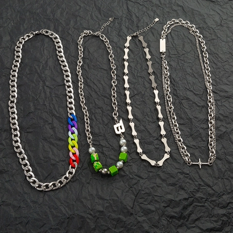 Collana Hip Hop in Acciaio al Titanio con Croce e Stella per Uomo Donna Gotica Strass Perla Artificiale Punk Catena Gioielli