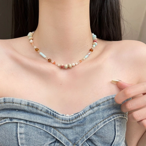 Collana Bohémien in Pietra Naturale e Perle d'Acqua Dolce da Donna Girocollo in Perline di Vetro Fatto a Mano Gioielli