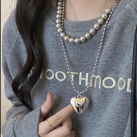 Collar Con Colgante de Corazón Estilo Coreano Para Mujer Cadena de Bolas de Cobre Pulido y Perlas Artificiales de Imitación Joyería