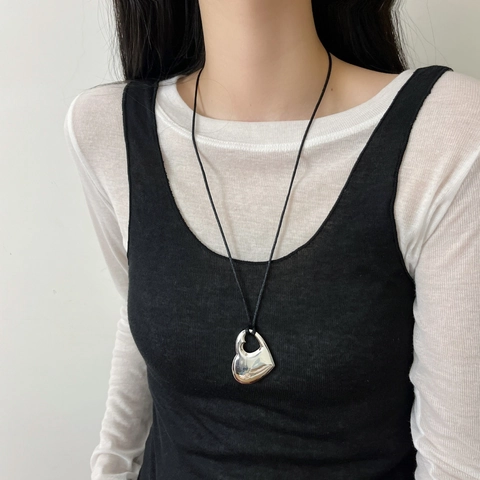 Zilveren Hart Hanger Halsketting Voor Dames Koper Gepolijst Hol Letter Hart Zwart Koord Lange Ketting Minimalistische Sieraden