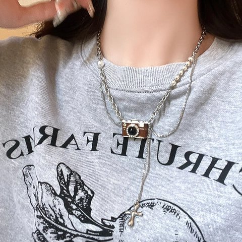 Vintage Kamera Anhänger Halskette Edelstahlkette Künstliche Perle Quaste Kreuz Charm Mehrlagiger Schmuck Für Damen Cool Stil Geschenk