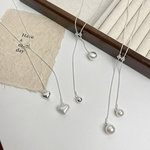 Minimalistische Koperlegering Hart Parel Bal Hanger Y-Vorm Lariat Halsketting Verstelbare Lange Trui Ketting Dames Sieraden
