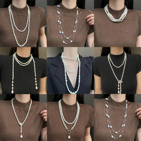 Onregelmatige Kunstmatige Kunstparelketting Franse Lichte Luxe Lange Trui Ketting Legering Strass Druppel Hanger Halsketting Sieraden Voor Vrouwen