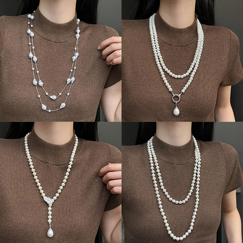 Onregelmatige Kunstmatige Kunstparelketting Franse Lichte Luxe Lange Trui Ketting Legering Strass Druppel Hanger Halsketting Sieraden Voor Vrouwen