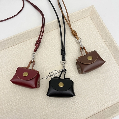 Vintage Mini PU Leather Bag Pendant Necklace For Women Leopard Print Coin Purse Headphone Case Long Wax Rope Sweater Chain Jewelry