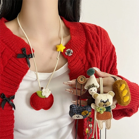 Handgemaakte Cartoon Pluche Dier Stof Hanger Ketting Schattige Beer Hond Fruit Brood Lange Truiketting Voor Vrouwen Meisjes Sieraden