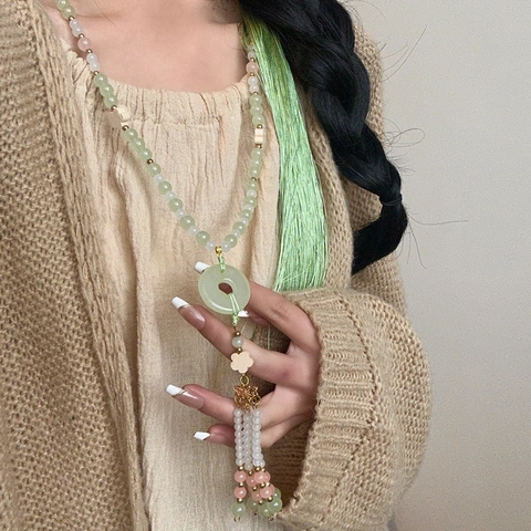 Collana Lunga con Perline e Nappa Stile Cinese Vintage Donna Ciondolo Fibbia Ping'an Vetro Resina Gioielli Etnici Retro