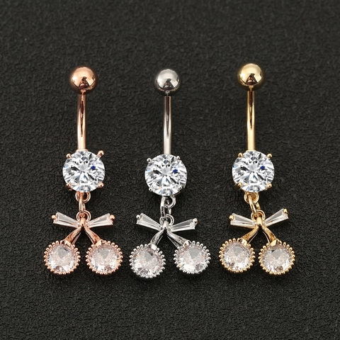 Stainless Steel Copper Zirconia Cherry Belly Piercing Ring With Bowknot Decorative Body Jewelry For Women Gold Silver Rose Gold