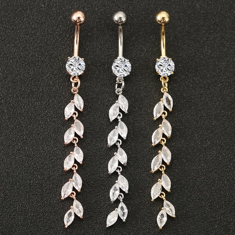 Copper Zircon Leaf Tassel Belly Ring Wheat Ear Dangle Navel Piercing Jewelry For Women Gold Silver Rose Gold Elegant