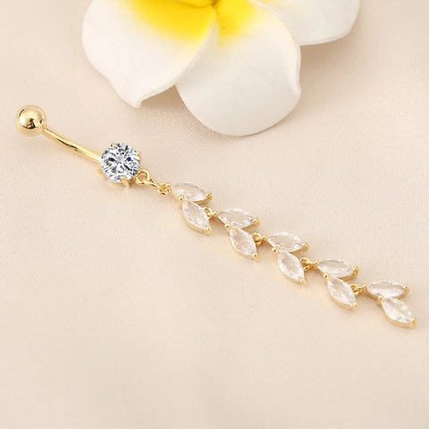 Copper Zircon Leaf Tassel Belly Ring Wheat Ear Dangle Navel Piercing Jewelry For Women Gold Silver Rose Gold Elegant