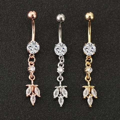 Stainless Steel Copper Zirconia Leaf Dangle Belly Button Ring Navel Piercing Tassel Body Jewelry For Women Gift