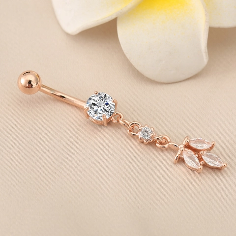 Stainless Steel Copper Zirconia Leaf Dangle Belly Button Ring Navel Piercing Tassel Body Jewelry For Women Gift