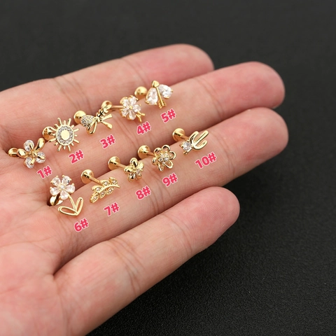 Tiny Copper Micro Paved Zirconia Floral Sun Cartilage Stud Earrings 316 Stainless Steel Post Body Piercing Jewelry Women