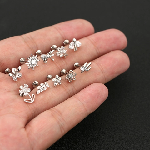 Tiny Copper Cubic Zirconia Flower Sun Bow Heart Ear Cartilage Studs Gold Silver Labret Piercing Jewelry For Women