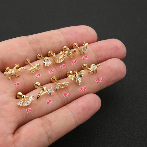 Copper Zirconia Body Piercing Stud Bee Moon Heart Star Labret Stud Ear Cartilage Tragus Helix Piercing Jewelry Gold Silver