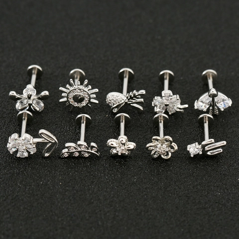 Tiny Copper Micro Paved Zirconia Floral Sun Cartilage Stud Earrings 316 Stainless Steel Post Body Piercing Jewelry Women