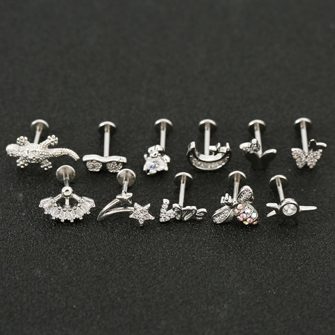 Copper Zirconia Body Piercing Stud Bee Moon Heart Star Labret Stud Ear Cartilage Tragus Helix Piercing Jewelry Gold Silver