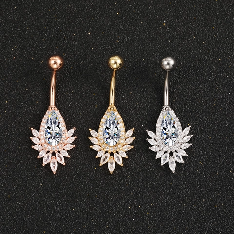 Sexy Zirkonia Blume Bauchnabelpiercing Navel Ring Für Damen 316L Chirurgischer Edelstahl Kupfer Wassertropfen Körperschmuck