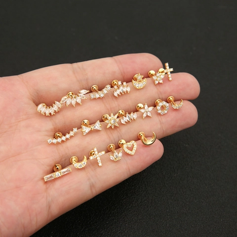 Copper Zircon Crown Heart Moon Star Ear Cartilage Studs Women Gold Silver Plated Labret Flat Back Piercing Jewelry